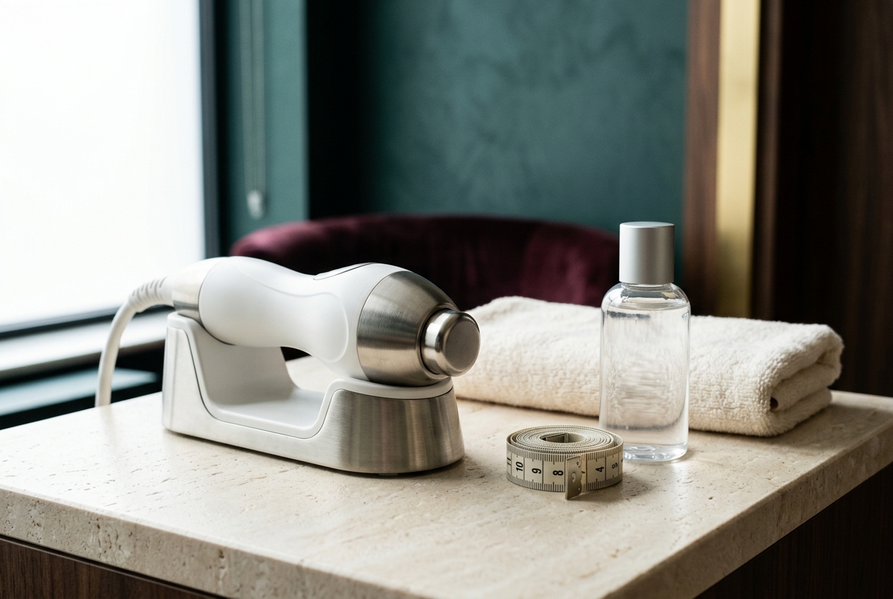 Unbranded body-contouring handpiece and measuring tape arranged for an individual treatment consultation