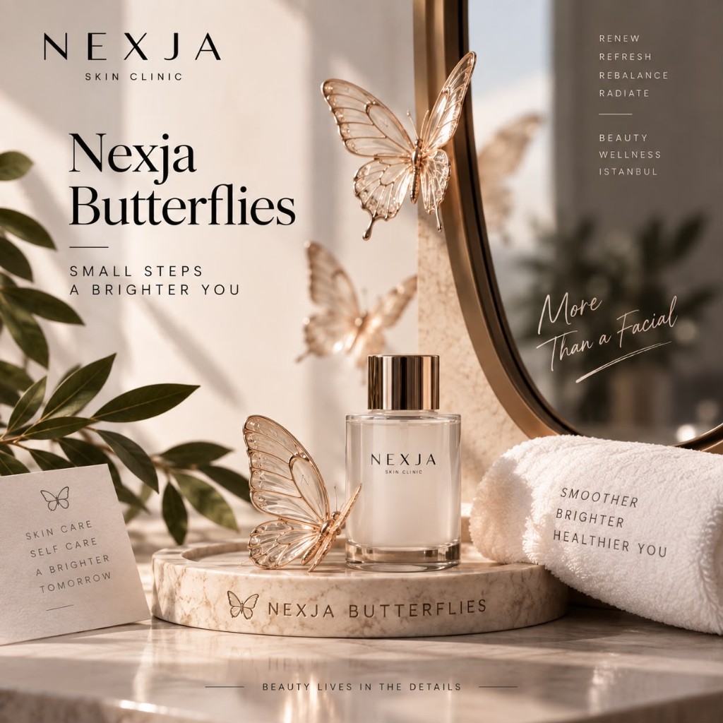 Nexja Skin Clinic skincare setting with rose-gold butterfly accents in Istanbul