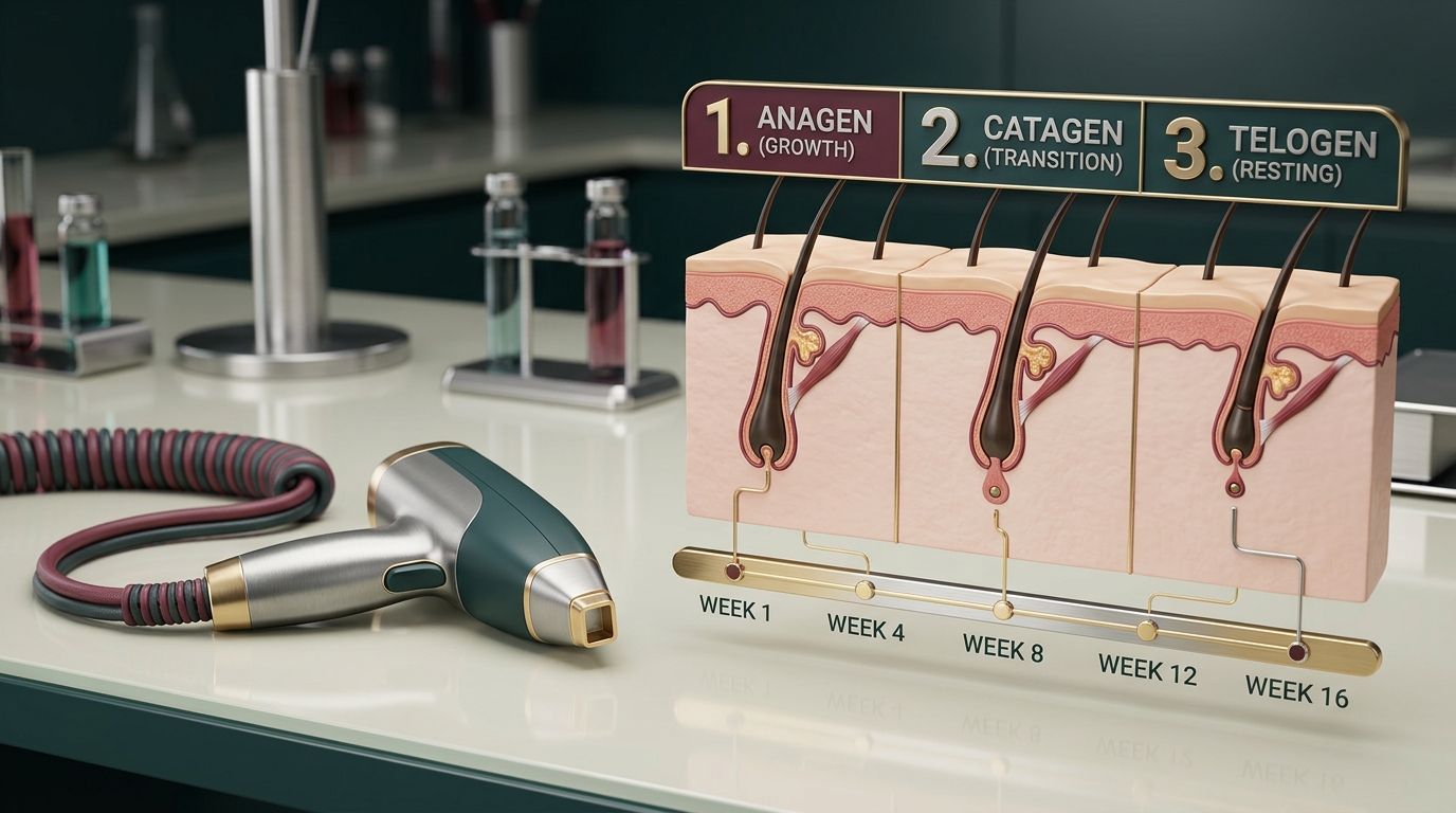 Scientific illustration of hair growth cycles and laser treatment intervals
