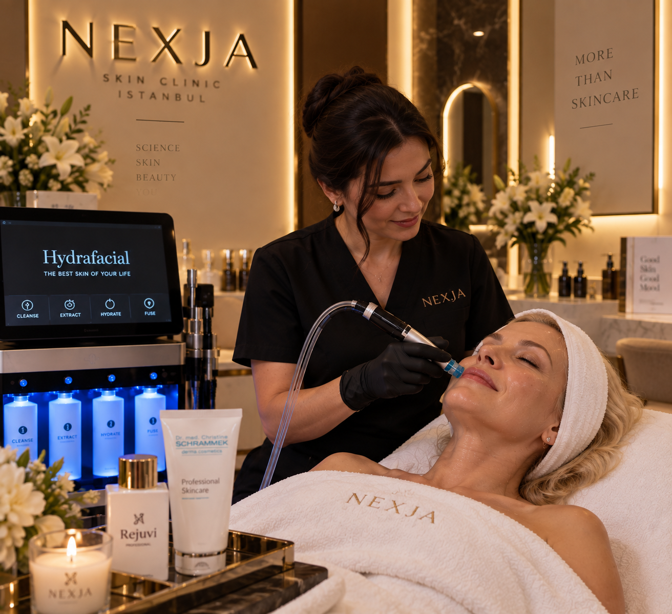 Hydrafacial Nexja Premium Istanbul uygulaması sırasında profesyonel cilt bakımı alan kadın – Nexja Skin Clinic