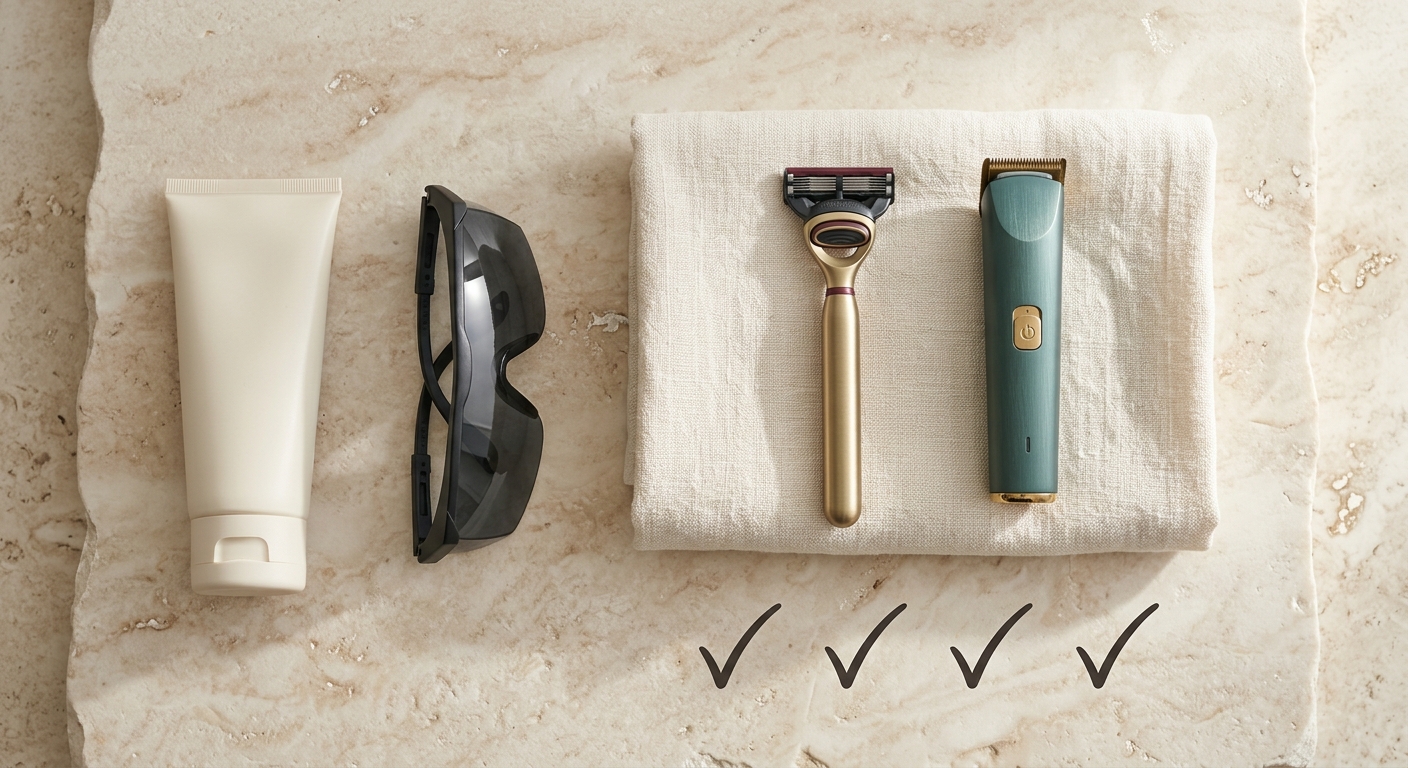 Clean unbranded shaving preparation kit for laser hair removal with razor, checklist and calm skin-care products