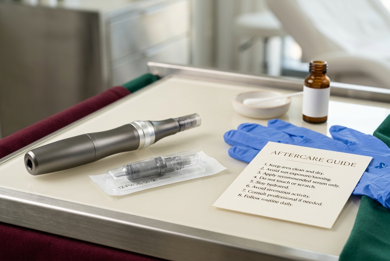 Single-use microneedling cartridge and aftercare planning on a premium clinical desk
