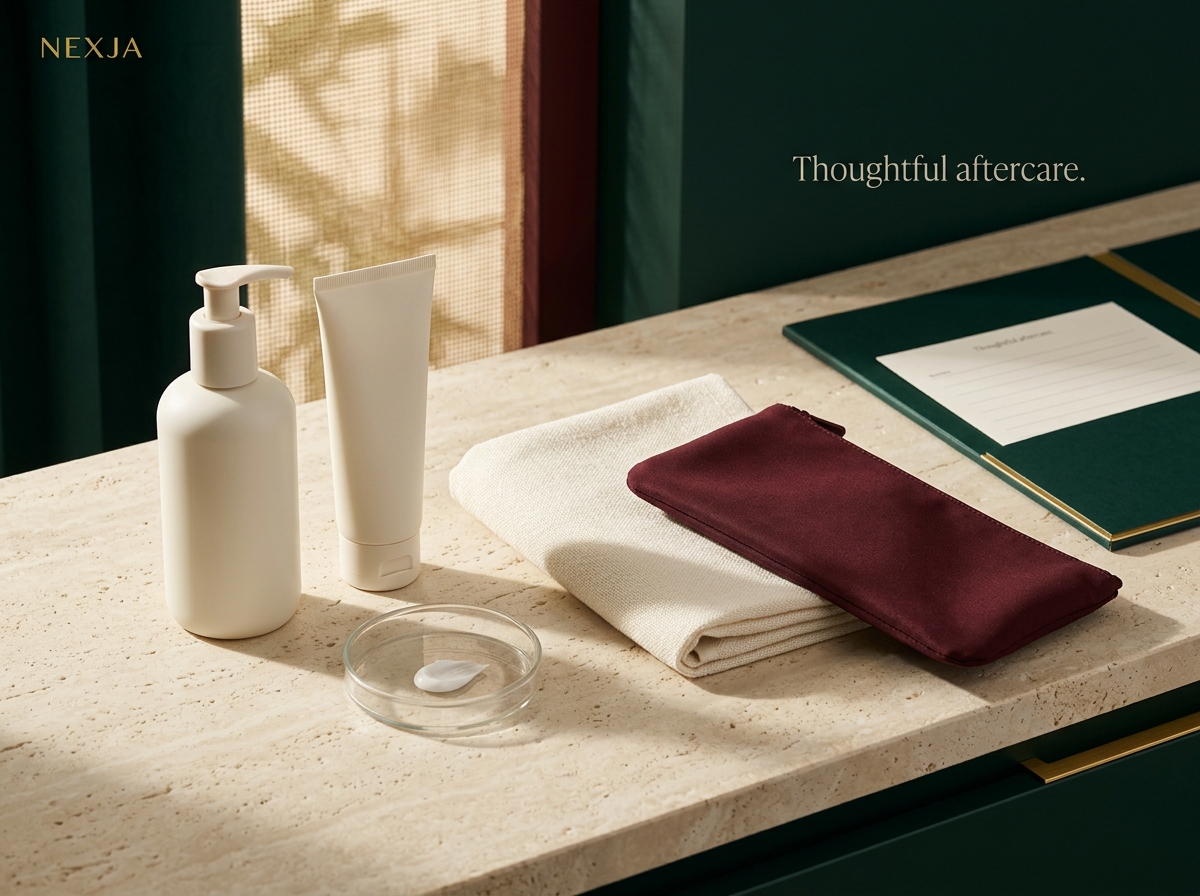 Moisturiser, sunscreen and a travel pouch arranged for a NEXJA laser aftercare editorial concept.