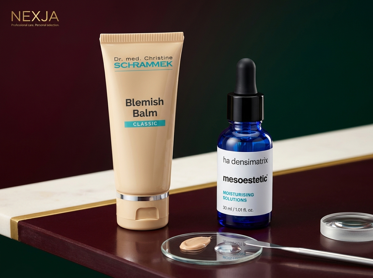 Schrammek Blemish Balm and mesoestetic ha densimatrix serum in a luxury skincare editorial composition.