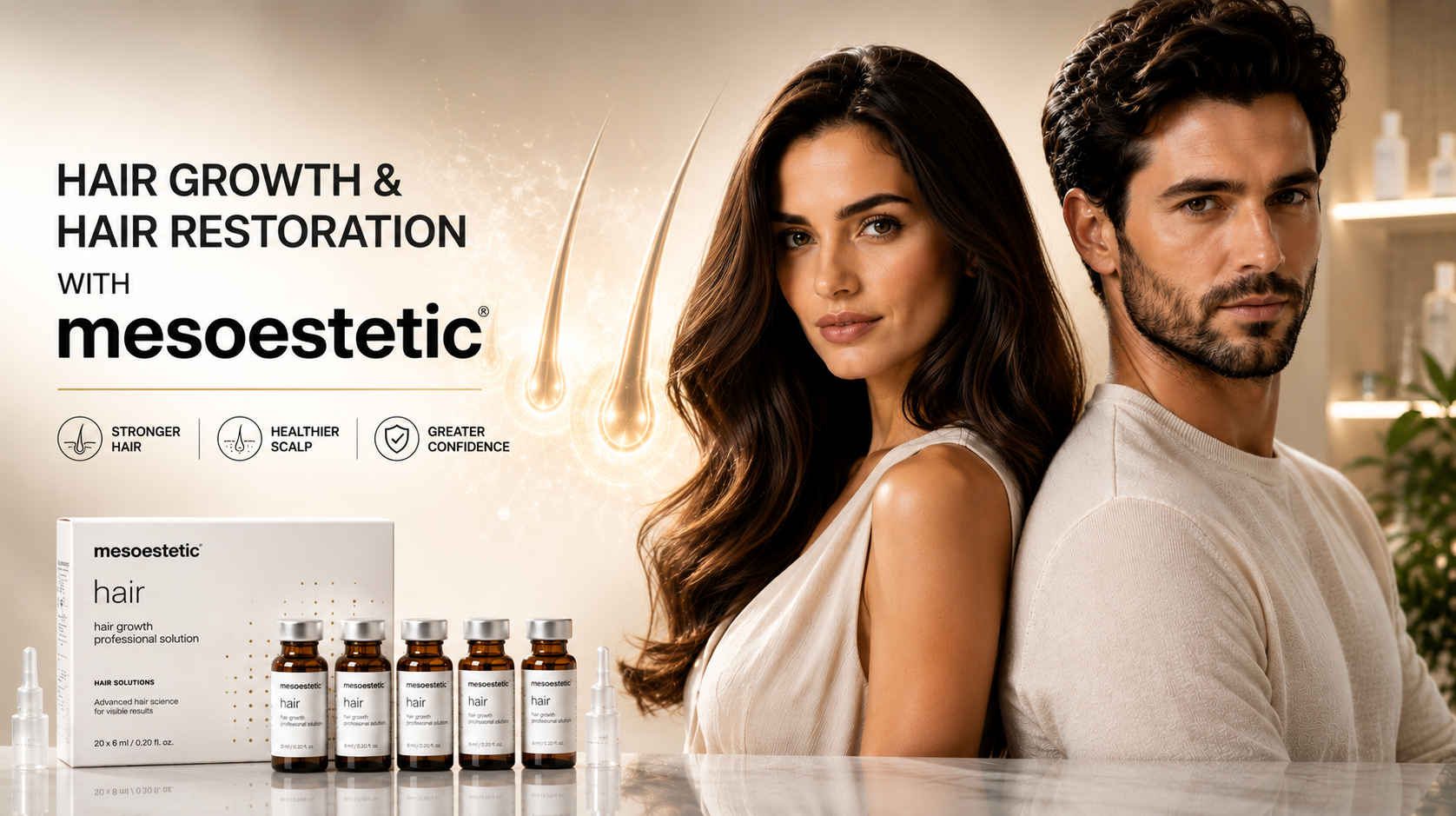 Mesoestetic Hair Growth and Hair Restoration treatment for men and women in Istanbul featuring advanced hair strengthening and scalp care solutions.